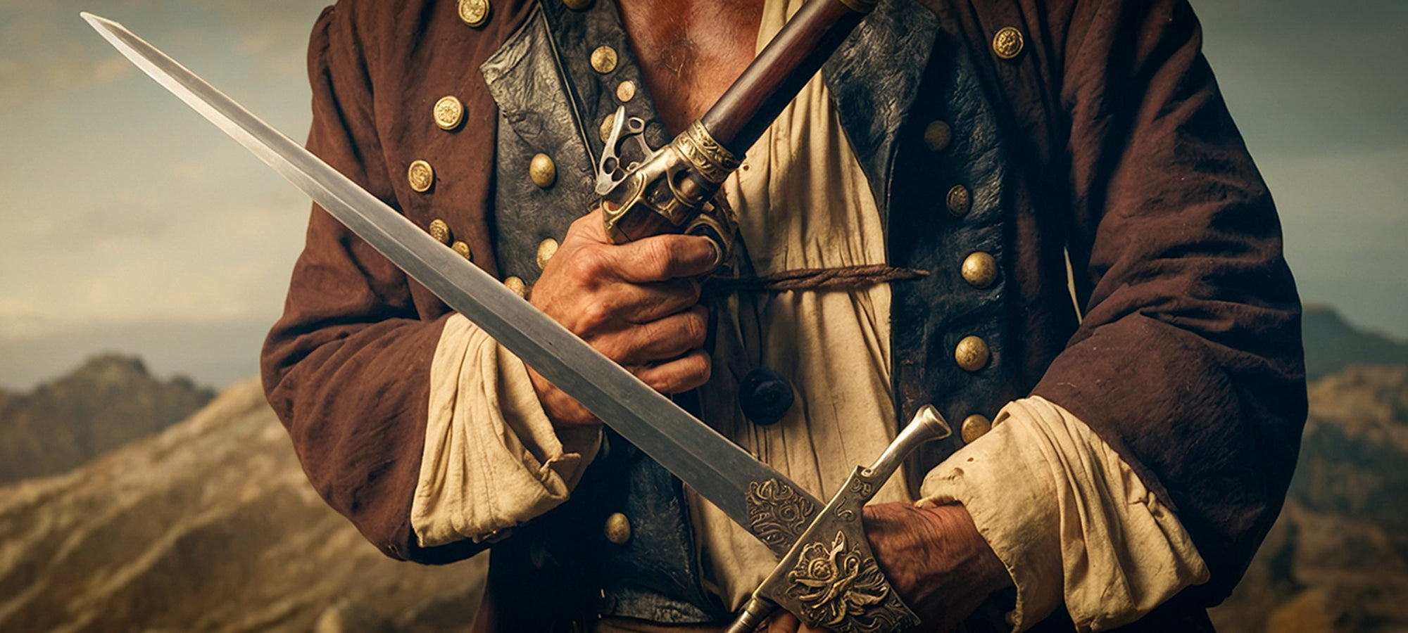 Closeup of pirate holding sword and pistol