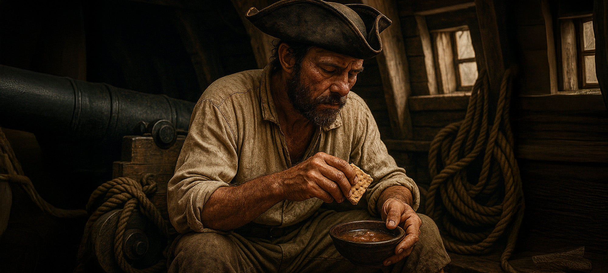 A 17th century sailor eating hardtack and stew