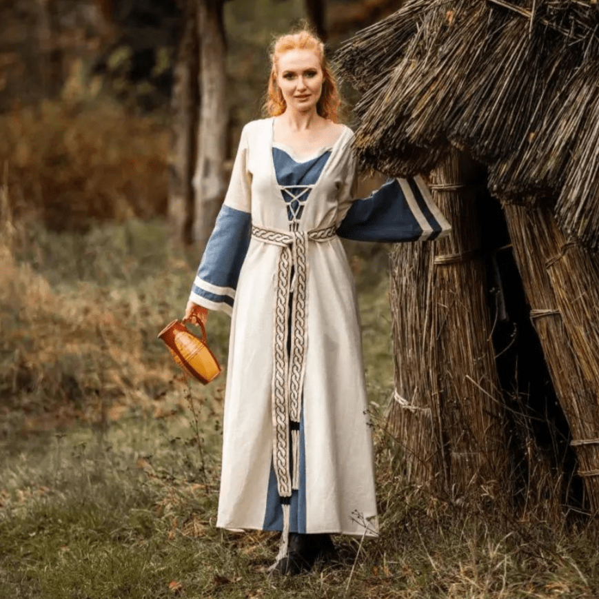 Natural and Blue Cotton Viking-Inspired Pirate Dress | Long-Sleeve Natural and Blue Cotton Viking-Inspired Pirate Dress | Long-Sleeve