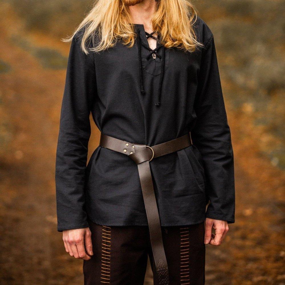 Black cotton Pirate shirt with long sleeves and a lace-up collar, worn with a brown leather belt.
