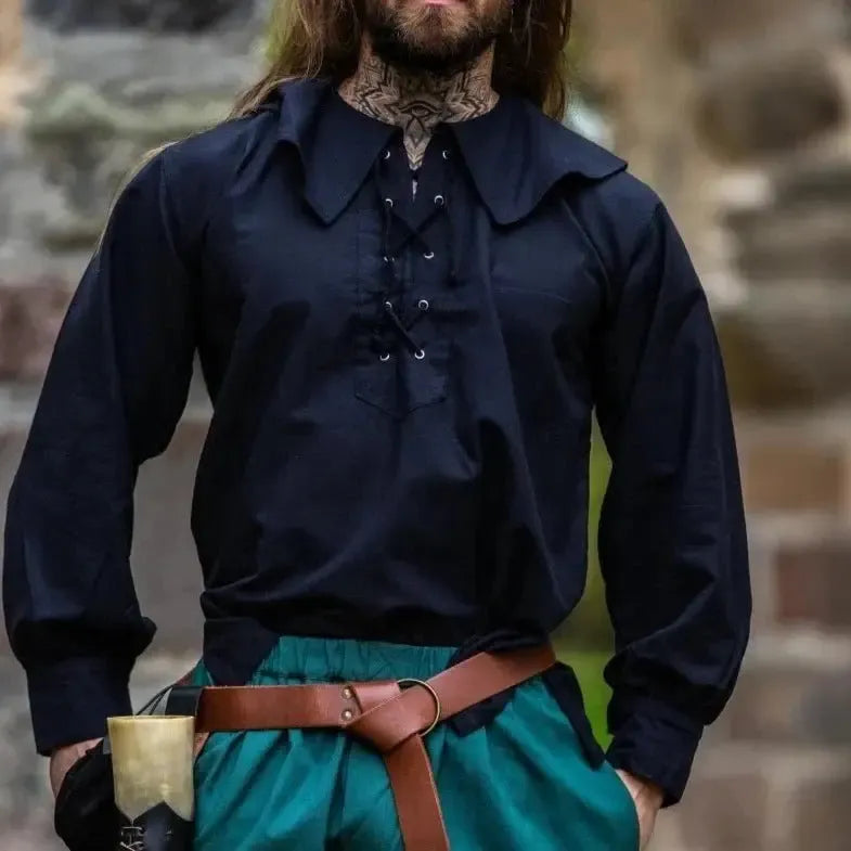 Black cotton Pirate shirt with wide collar, laced front, and wooden cuff buttons.