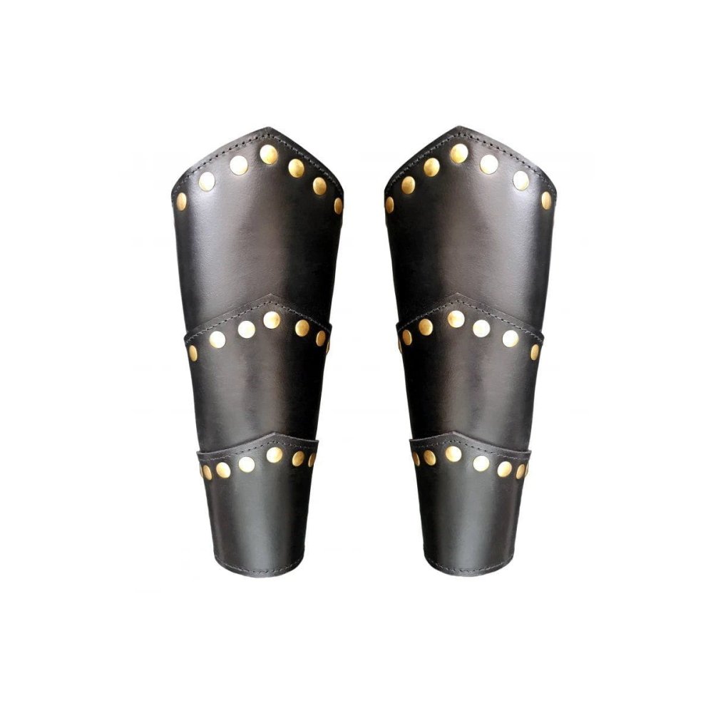 Pair of black genuine leather Pirate arm bracers with gold metal rivet reinforcement and adjustable straps.