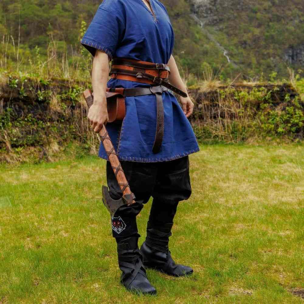 Black linen Pirate pants with tapered legs and lace-up closures, worn with a blue tunic and axe.