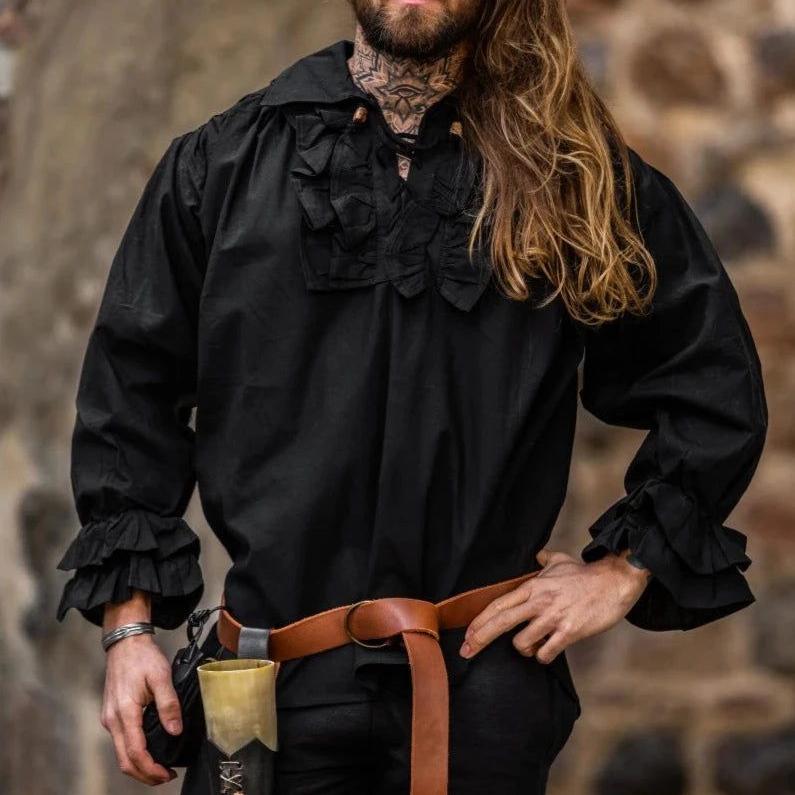 Black cotton Pirate shirt with ruffled neckline, lace-up front, and ruffled cuffs.