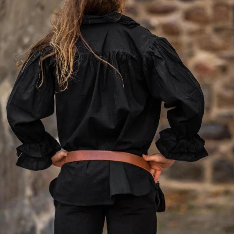 Black long-sleeve Pirate shirt with ruffled cuffs and natural cotton fabric, worn with a brown belt.