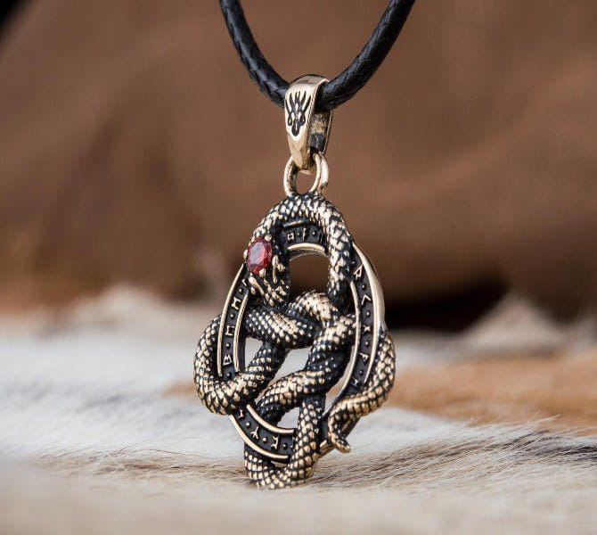 Bronze Snake Pirate Pendant | Red Cubic Zirconia & Runes-Pirate Clothing Store