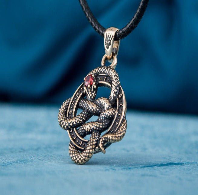 Bronze Snake Pirate Pendant | Red Cubic Zirconia & Runes-Pirate Clothing Store