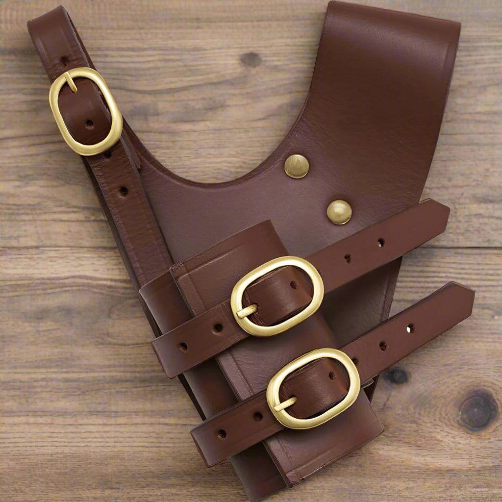 Brown leather sword frog with gold buckles designed for right-handed draw; ideal for medieval cosplay gear.