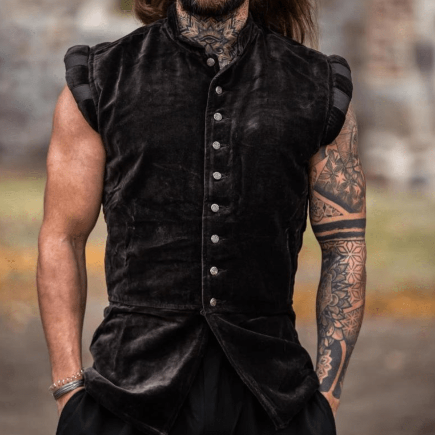 Brown velvet sleeveless Pirate vest with metal buttons and puffed shoulders.