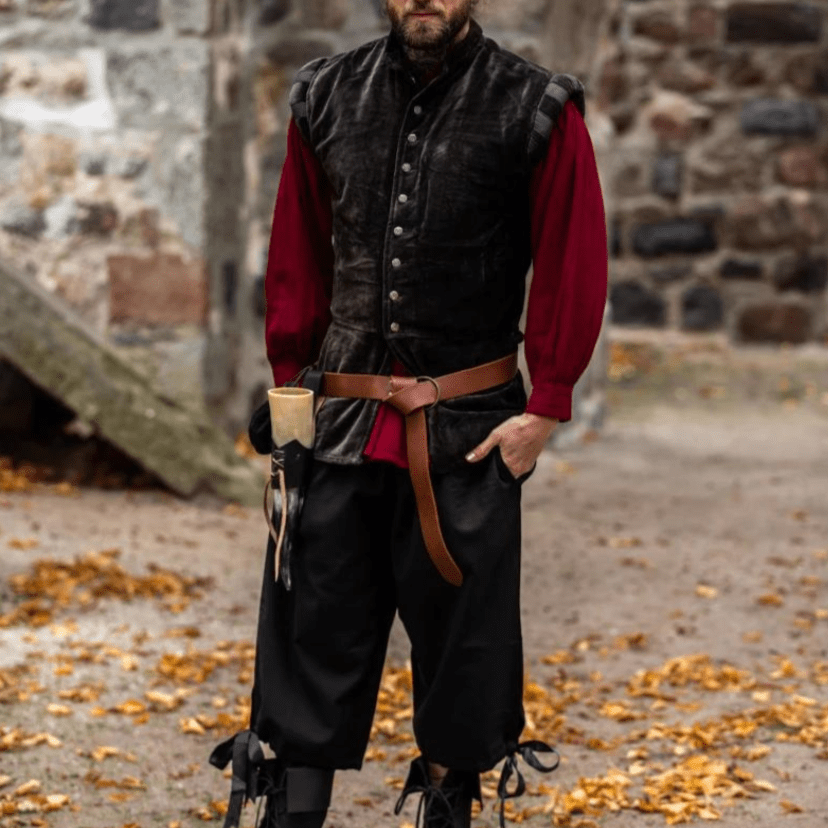 Brown velvet Pirate vest with metal buttons, puffed shoulders, and a brown belt.