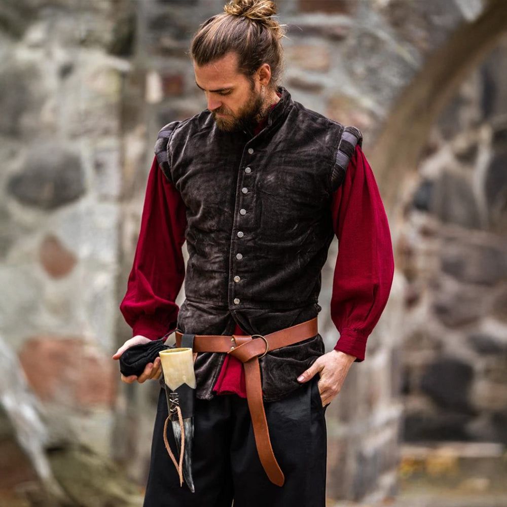 Brown velvet sleeveless Pirate vest with puffed shoulders and metal buttons.