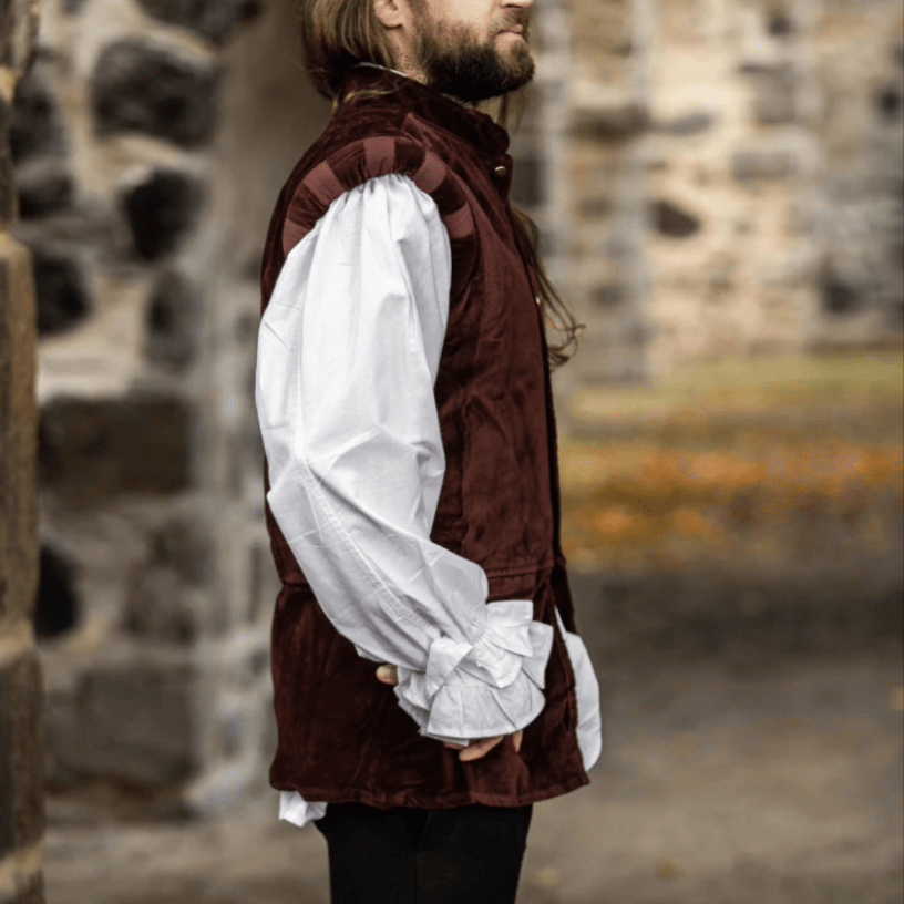 Dark Red Lined Velvet Pirate Vest with puffed shoulders over a white billowy shirt.