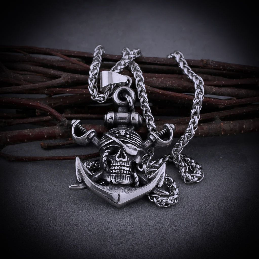 Stainless steel Pirate skull necklace with eye patch, bandanna, crossed swords, and anchor design.