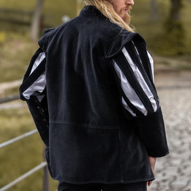 Black velvet Pirate jacket with dramatic white slit puff sleeves and laced forearms.