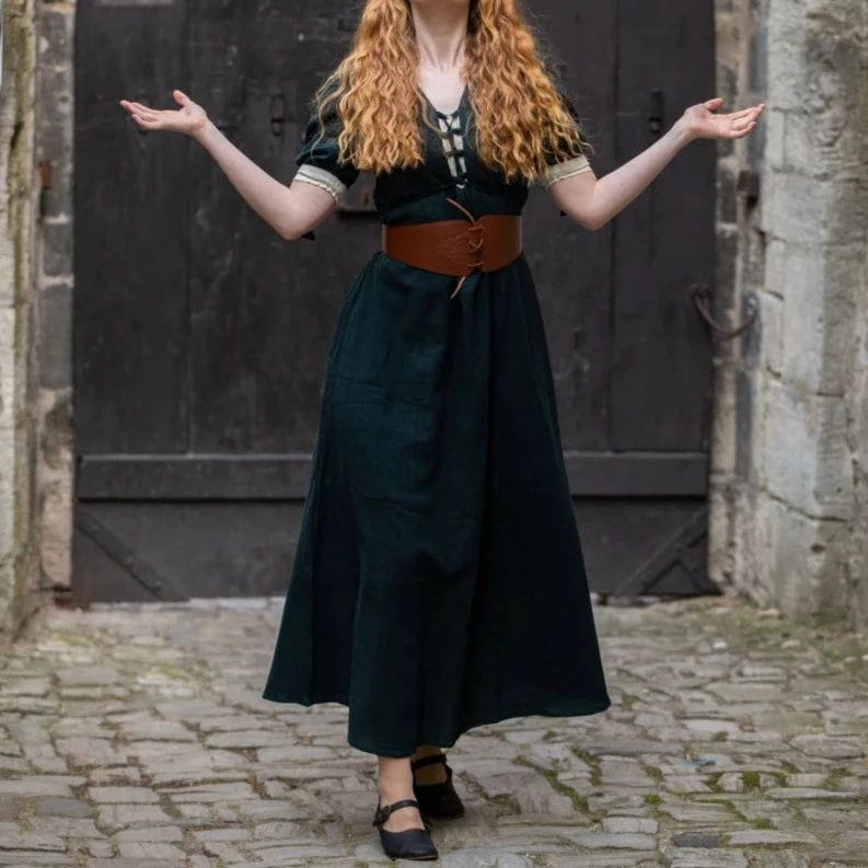 Pirate summer gown: green cotton dress with laced front, short sleeves, and brown leather belt.