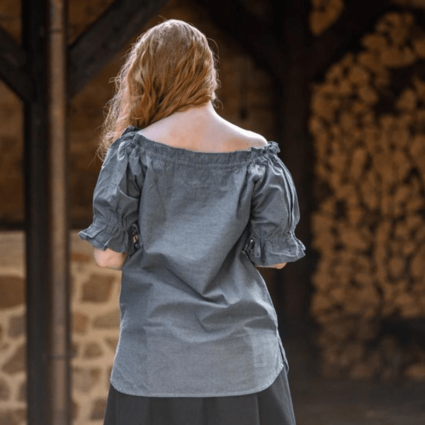 Grey-blue Pirate blouse, 100% natural cotton, short-sleeved, worn off-shoulder with elastic bands.