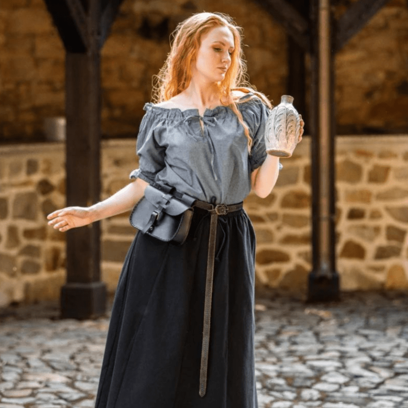 Grey-blue Pirate blouse, short-sleeve, off-shoulder, with cord lacing and decorative elastic bands.