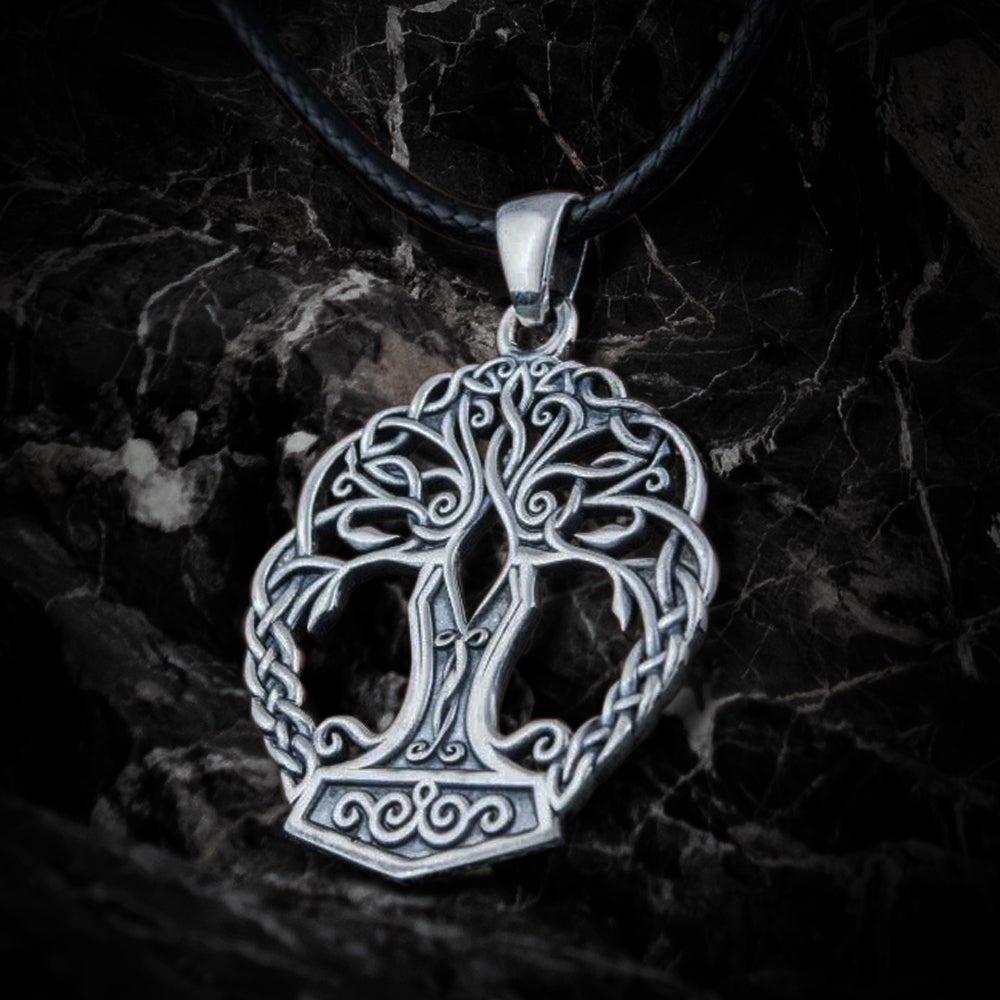 Sterling silver Pirate Yggdrasil & Mjolnir pendant on a black cord, detailed Norse design.