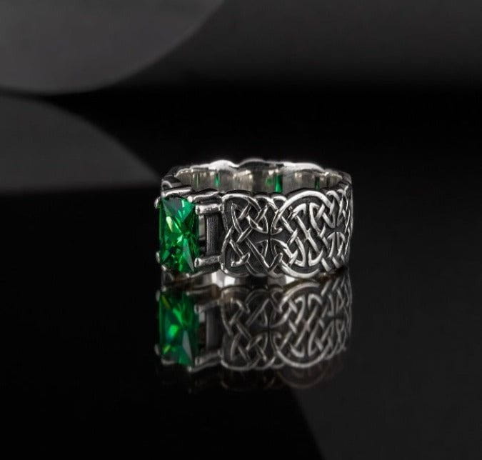 Handcrafted Sterling Silver Ornament Pirate Ring | Green Cubic Zirconia-Pirate Clothing Store