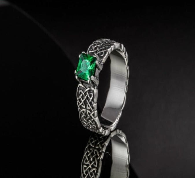 Handcrafted Sterling Silver Ornament Pirate Ring | Green Cubic Zirconia-Pirate Clothing Store