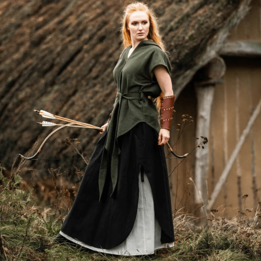 Pirate woman in a green hooded cotton tunic with belt, black skirt, and brown bracer, holding a bow and arrows.