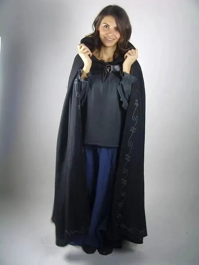 Black hooded Pirate cloak, heavy wool blend, with front embroidery and wolf head clasp.