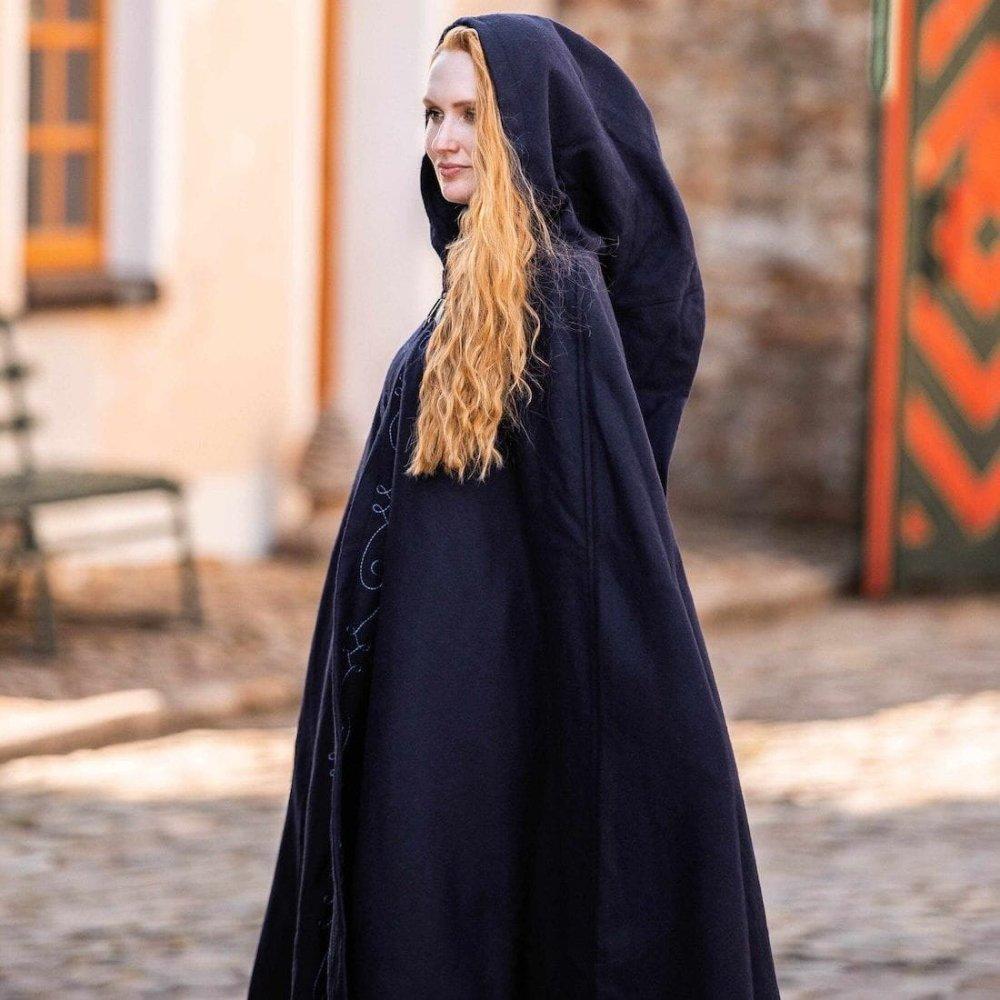 Pirate hooded navy wool cloak with subtle front embroidery and wolf head clasp.
