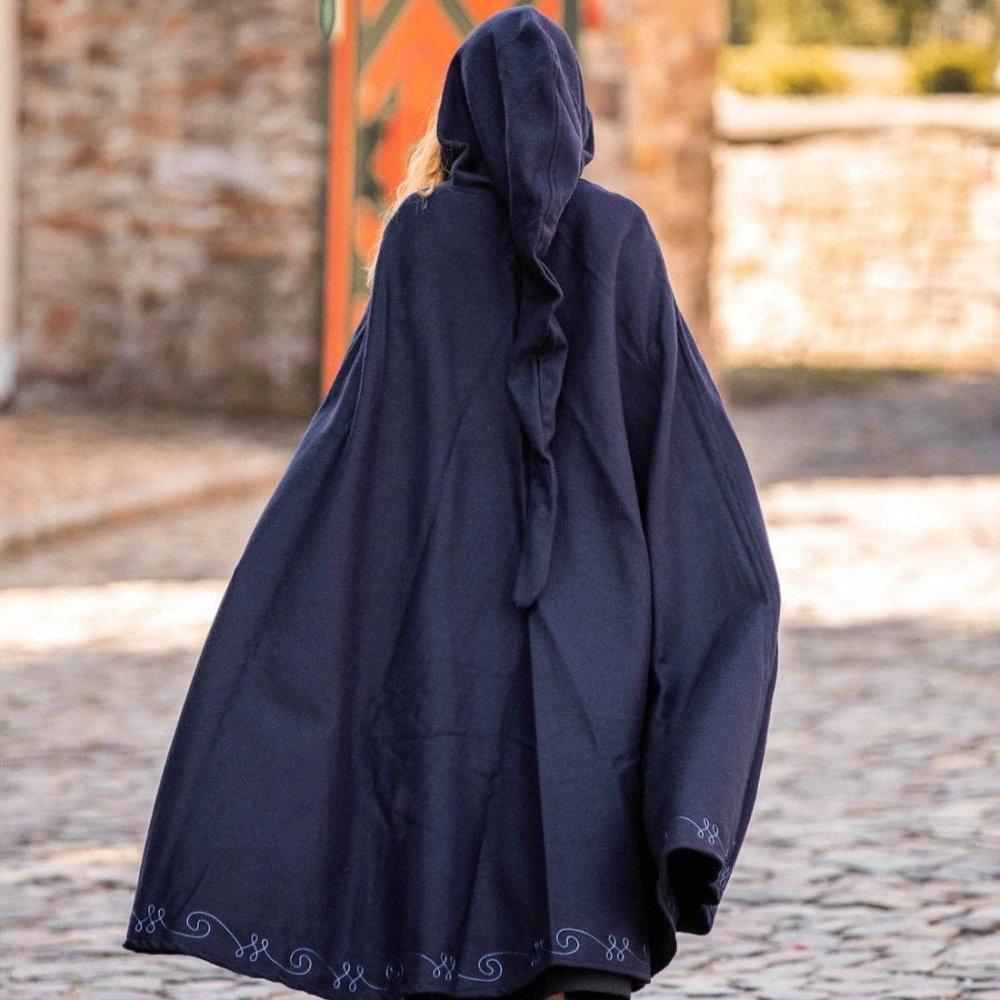 Dark blue hooded Pirate cloak of heavy wool, with subtle embroidered trim at the hem.