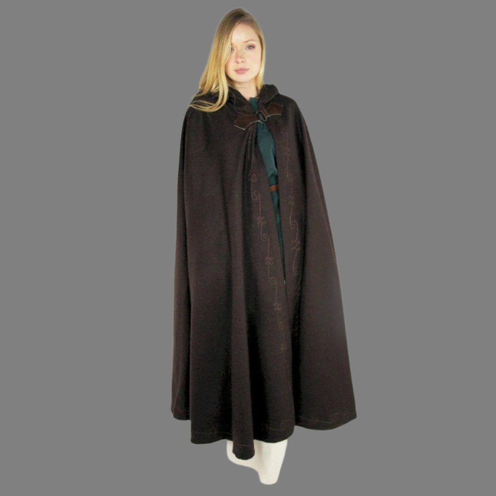 Pirate hooded dark brown wool cloak with front embroidery and wolf head clasp.
