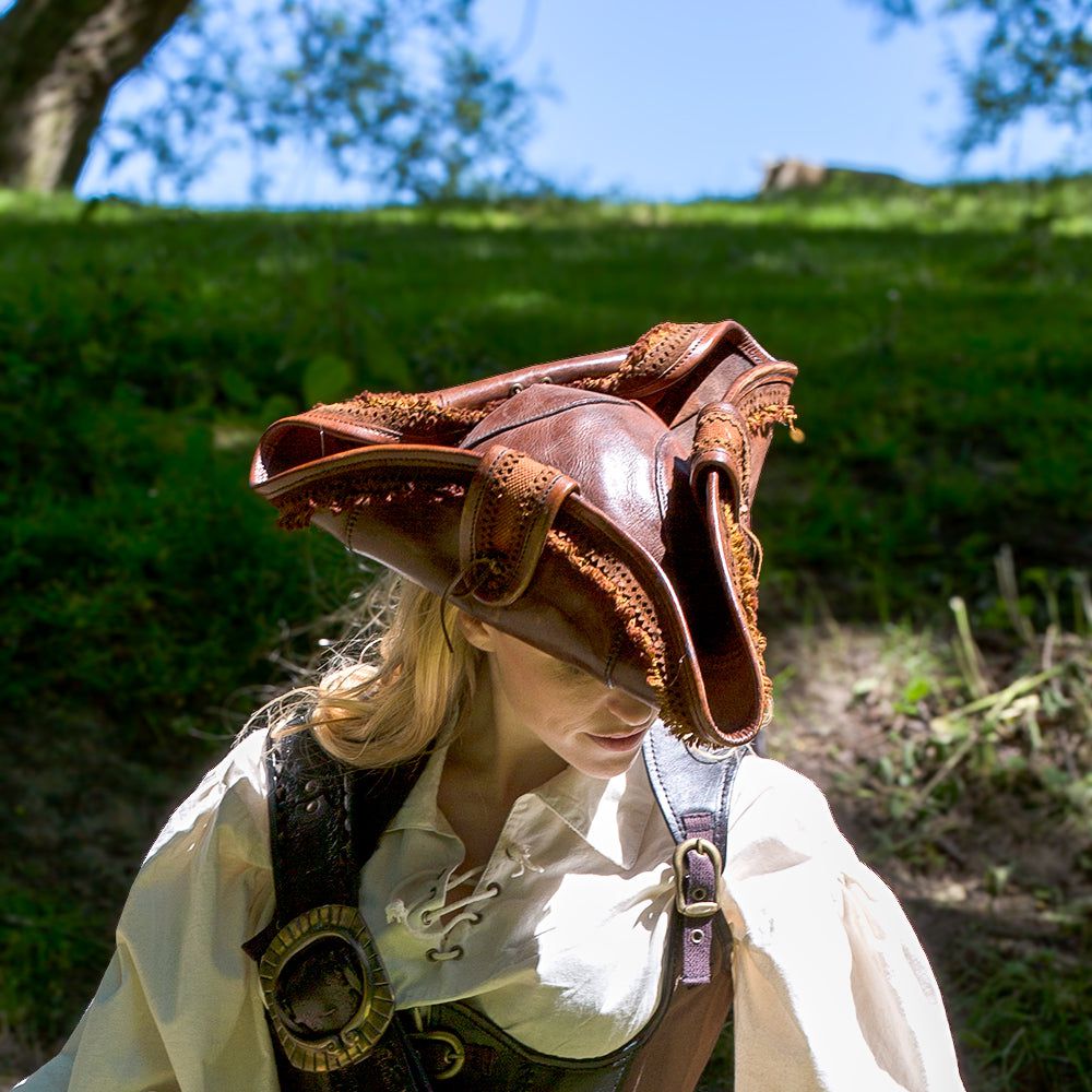 Stitched Leather Tricorn Hat-Pirate Clothing Store