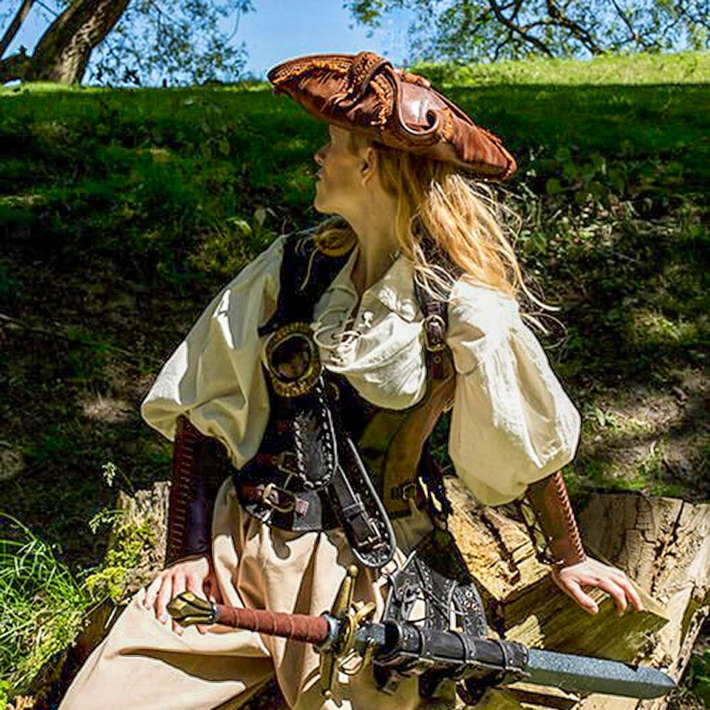 Stitched Leather Tricorn Hat-Pirate Clothing Store