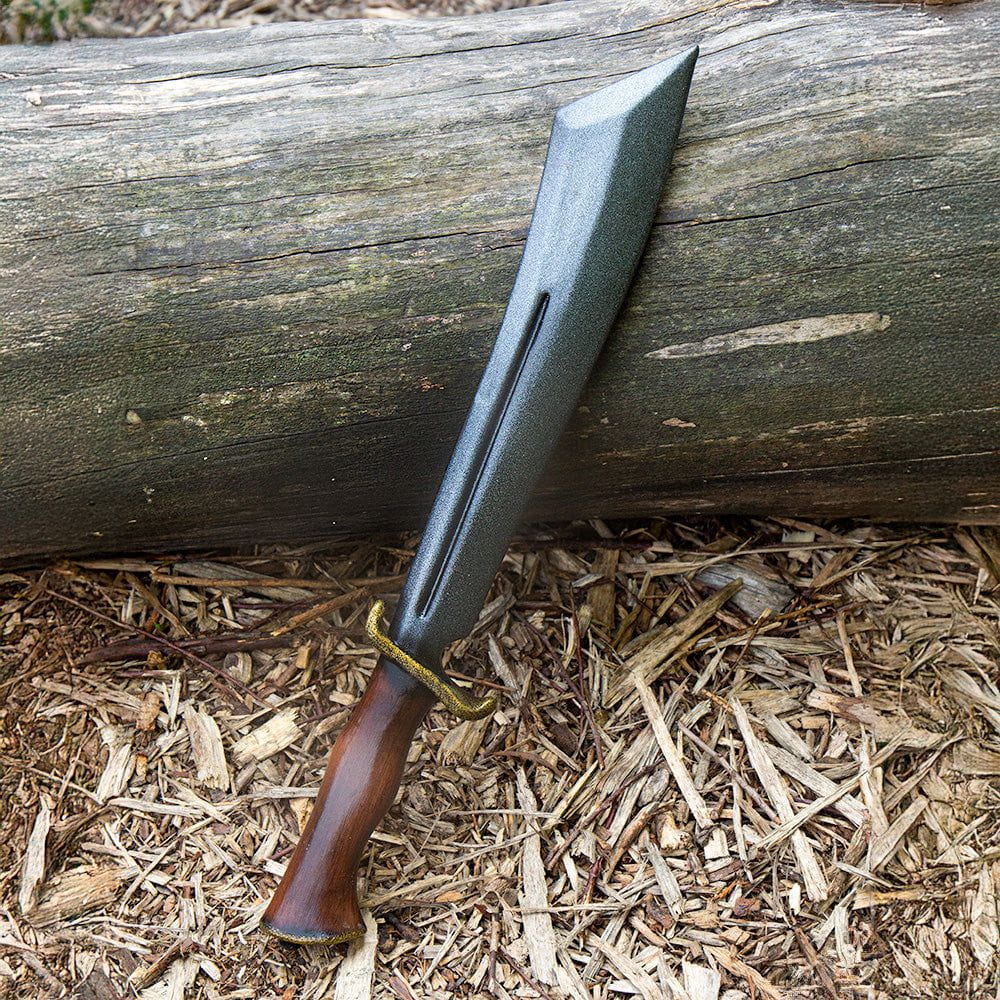 LARP Pirate Jack Sparrow scimitar with a dark grey blade, brass guard, and faux wooden grip.