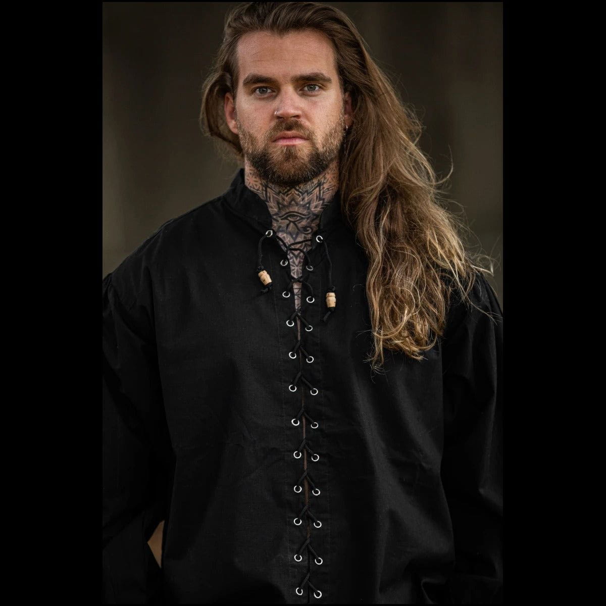 Black Lace-up Pirate Shirt | Cord Lacing | Wooden Buttons-Pirate Clothing Store