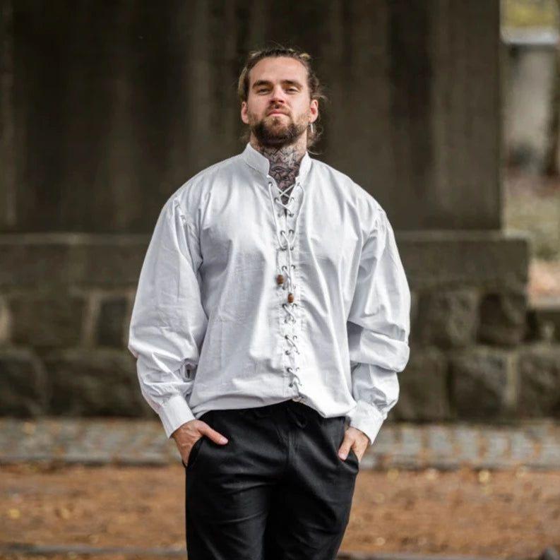 Laced Cotton Pirate Shirt | Continuous Cord Lacing | Wooden Buttons-Pirate Clothing Store