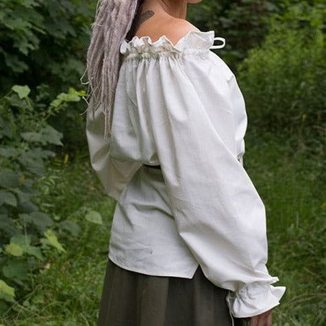 White loose-fit Pirate shirt with ruffled off-shoulder neckline and wrist drawstrings, made of crepe cotton.
