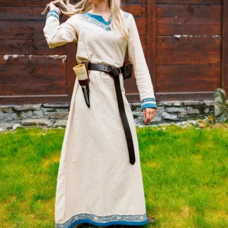 Natural Cotton Pirate Gown | Blue-Trimmed Buccaneer Dress-Pirate Clothing Store