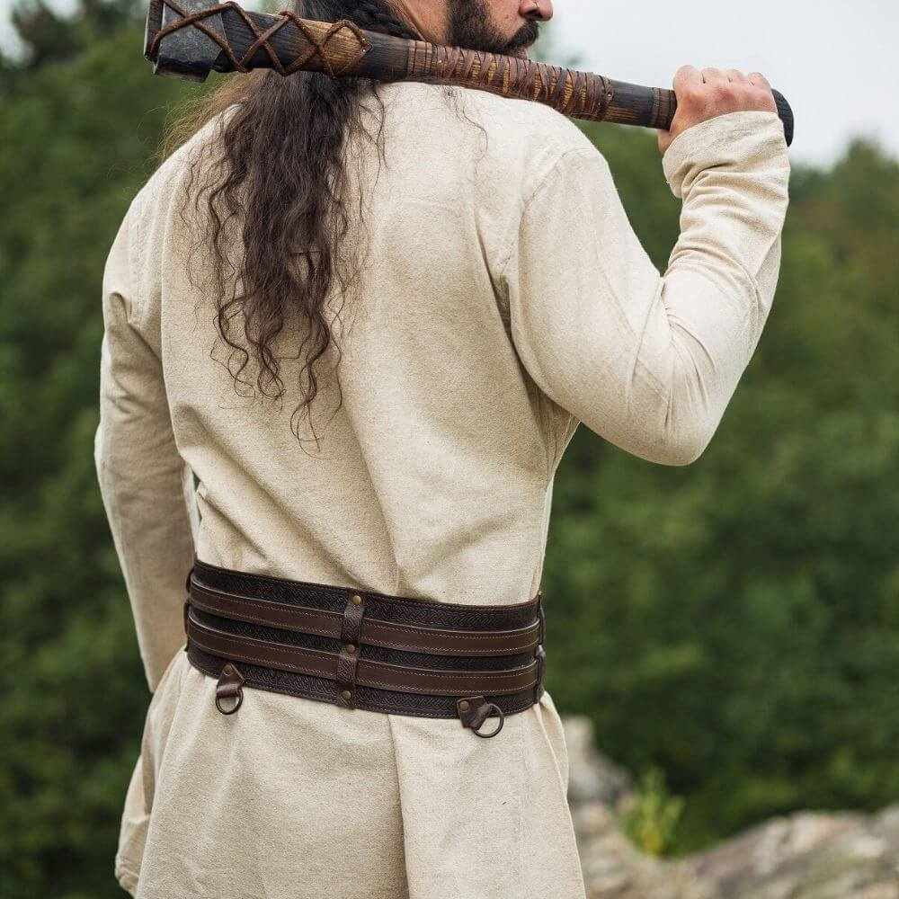 Natural linen Pirate tunic, thigh-length, with a brown belt, seen from behind.