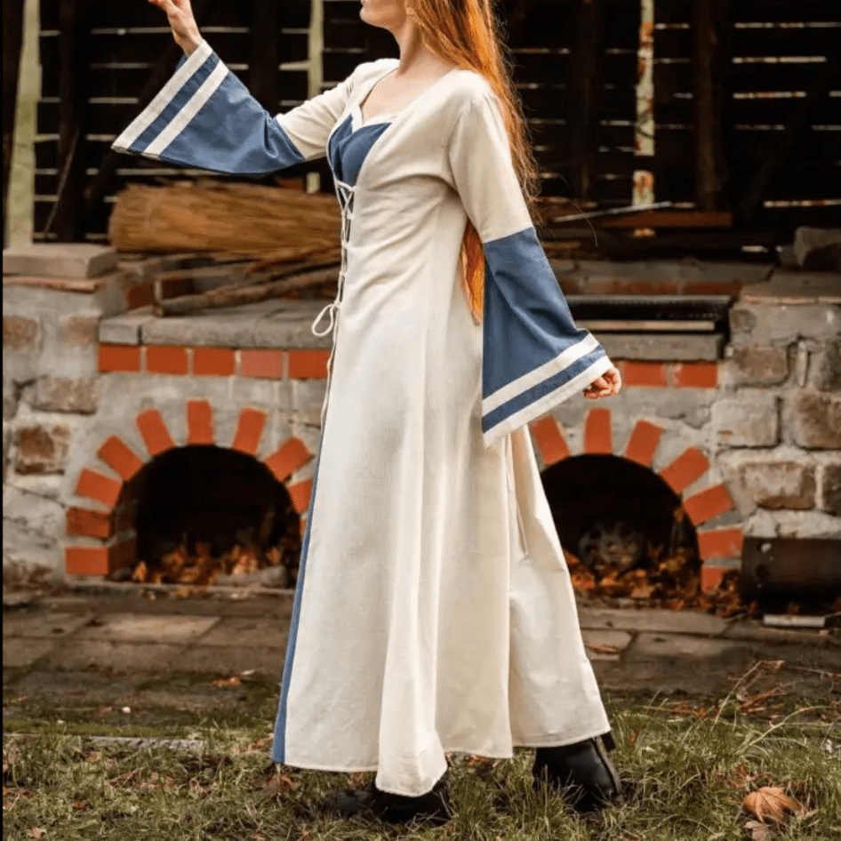 Natural and blue cotton Pirate dress with long sleeves and laced front.