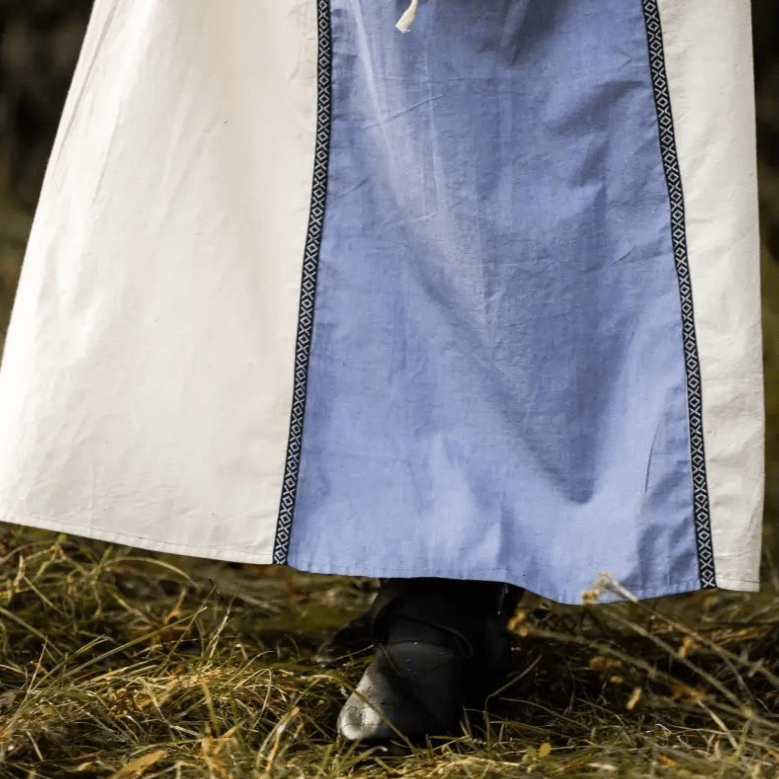 Natural and blue cotton Pirate gown with floral borders and laced details, perfect for reenactments.