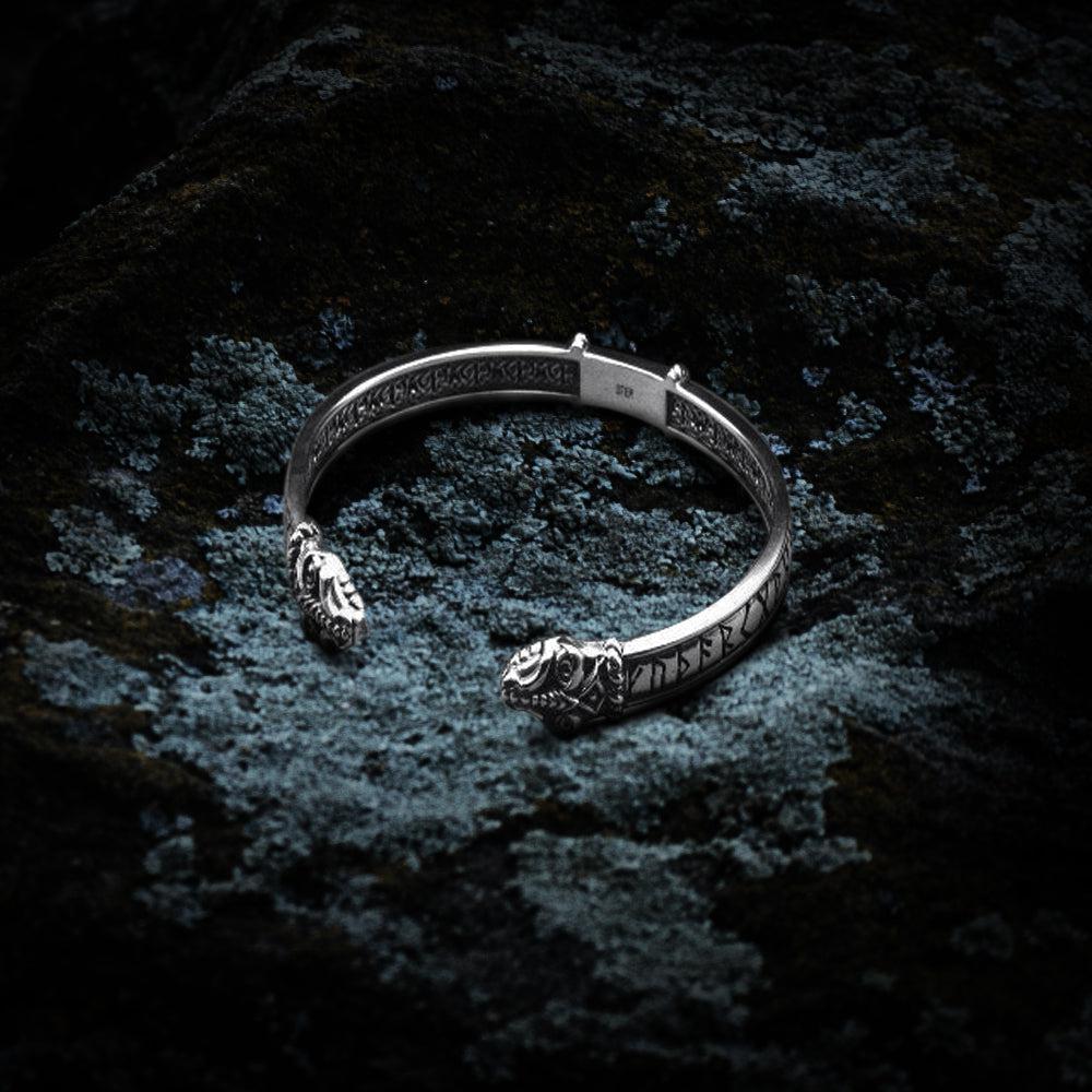Sterling silver Pirate bracelet with Jormungandr serpent heads and engraved Elder Futhark runes.