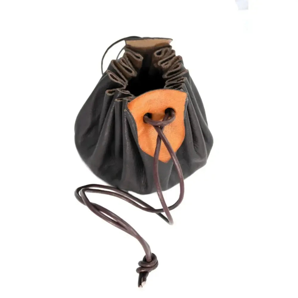 Rustic brown pirate leather coin pouch with drawstring closure and orange leather accent.