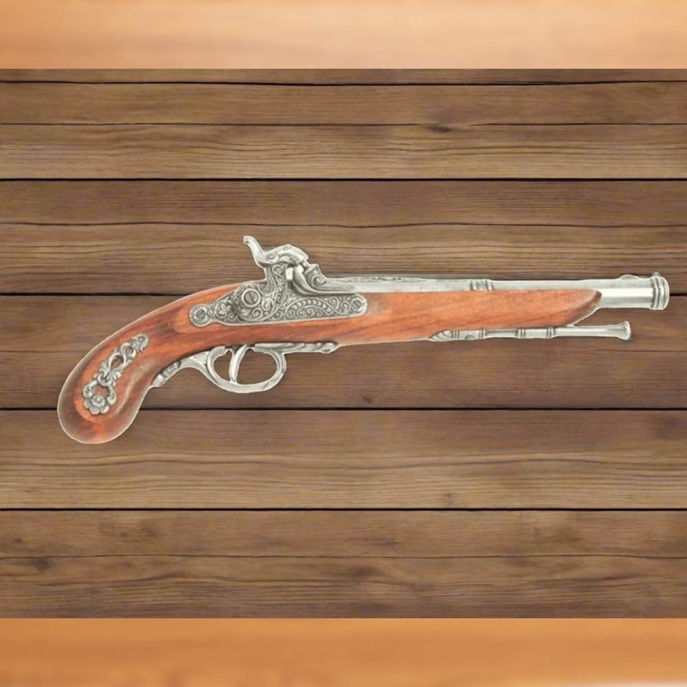 Pirate English flintlock pistol replica with antique gray metal barrel and detailed scrollwork on a wood stock.