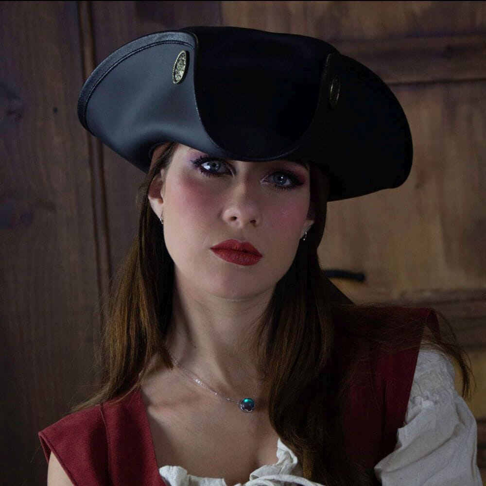 Black Tricorn Pirate Hat with Doubloons on female model