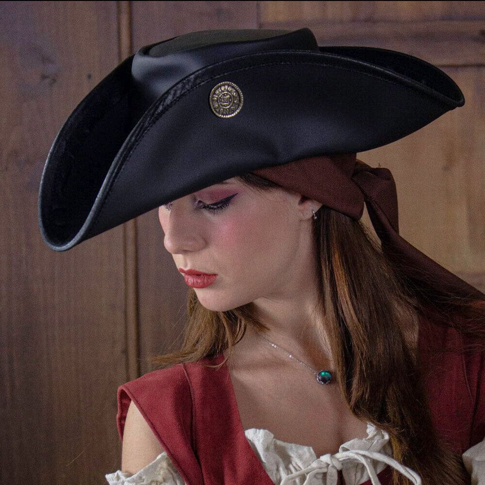 Black Leather Tricorn Pirate Hat with Doubloon