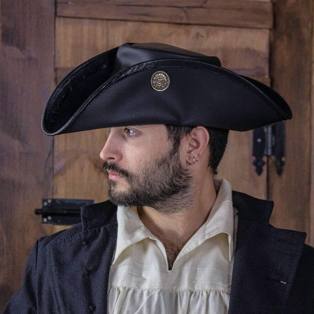 Model wearing a black Tricorn Pirate Hat with Doubloons