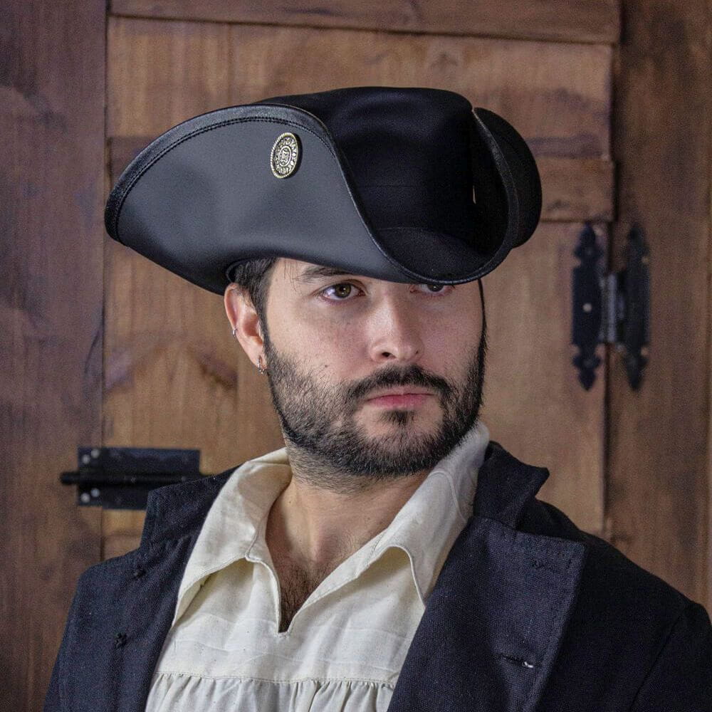 Black Tricorn Pirate Hat with Doubloons n male model