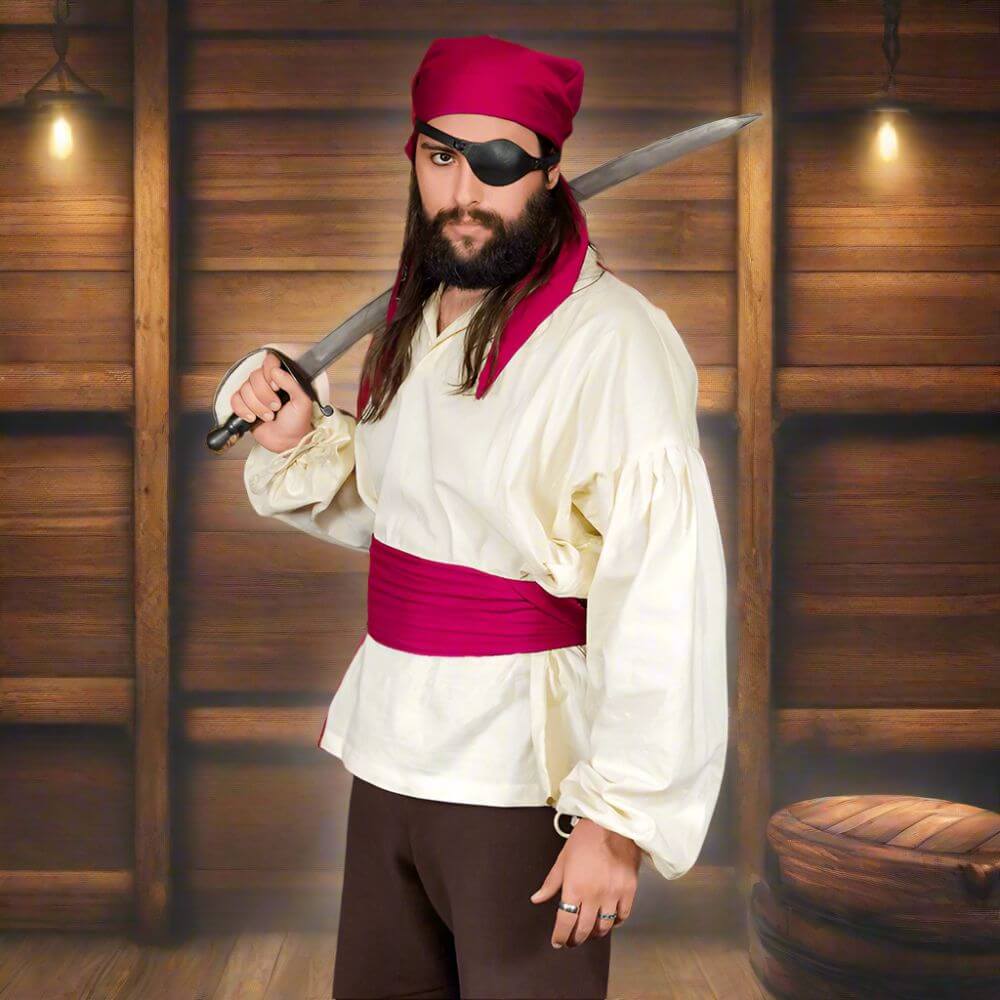 Pirate captain in a cream shirt, wearing a burgundy red cotton sash and bandana, holding a sword.