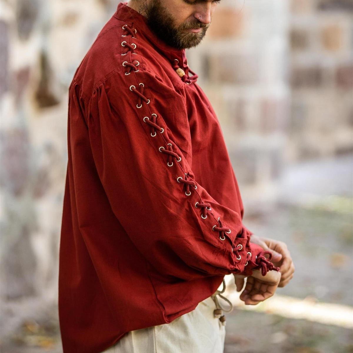 Red Pirate Shirt with stand-up collar, lace-up front, and adjustable tie sleeves in a cotton-linen blend.