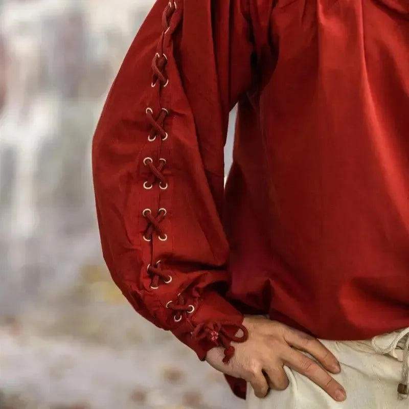 Red Pirate Shirt with adjustable lace-up sleeves and tie cuffs, made from a cotton-linen blend.