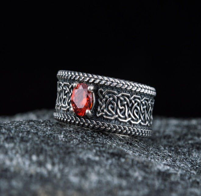 Sterling silver Pirate ring with Norse-inspired knotwork and a sparkling red cubic zirconia.